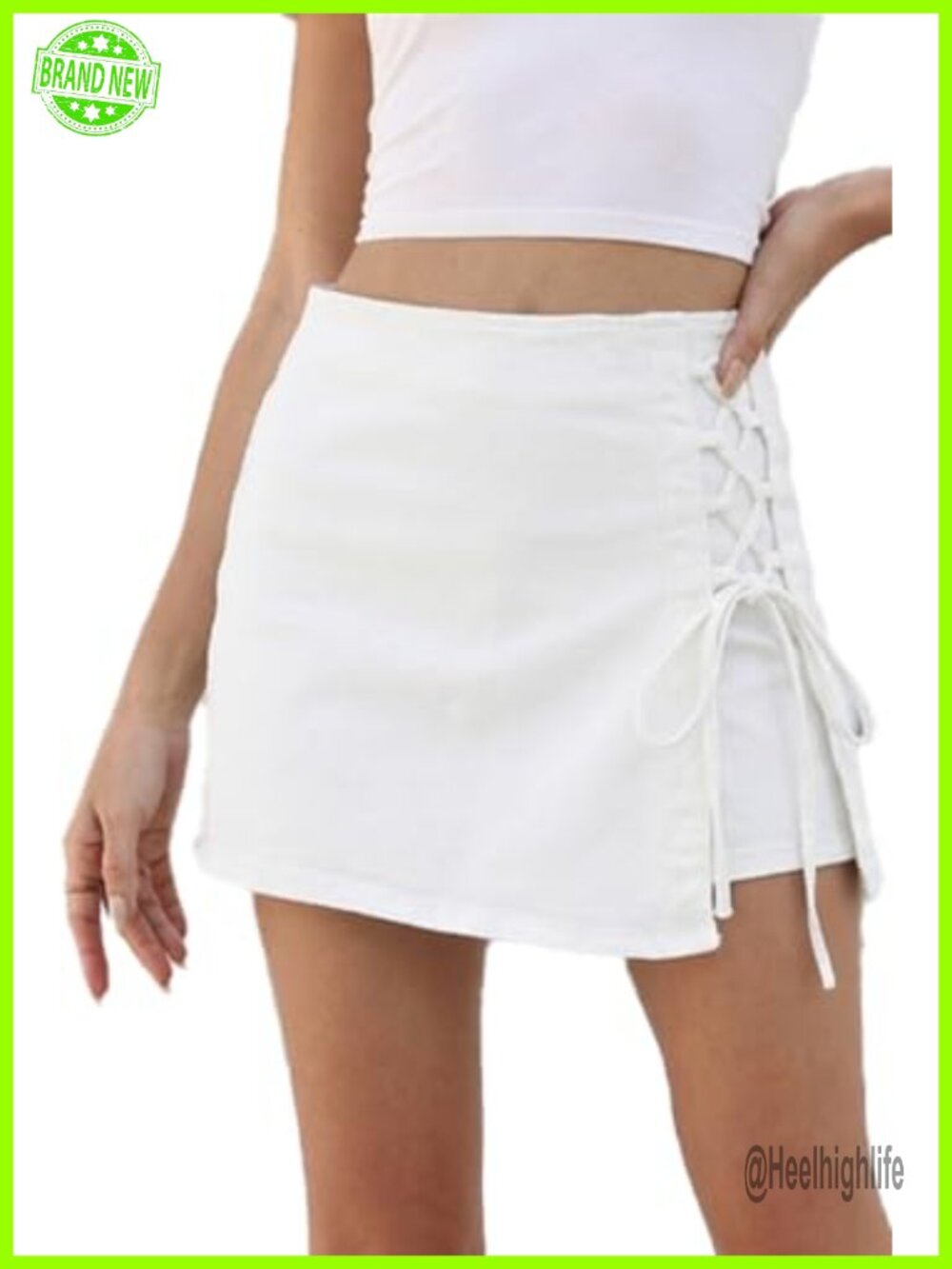 High Waisted Stretch Denim Skort Lace Up Side Zipper A-Line